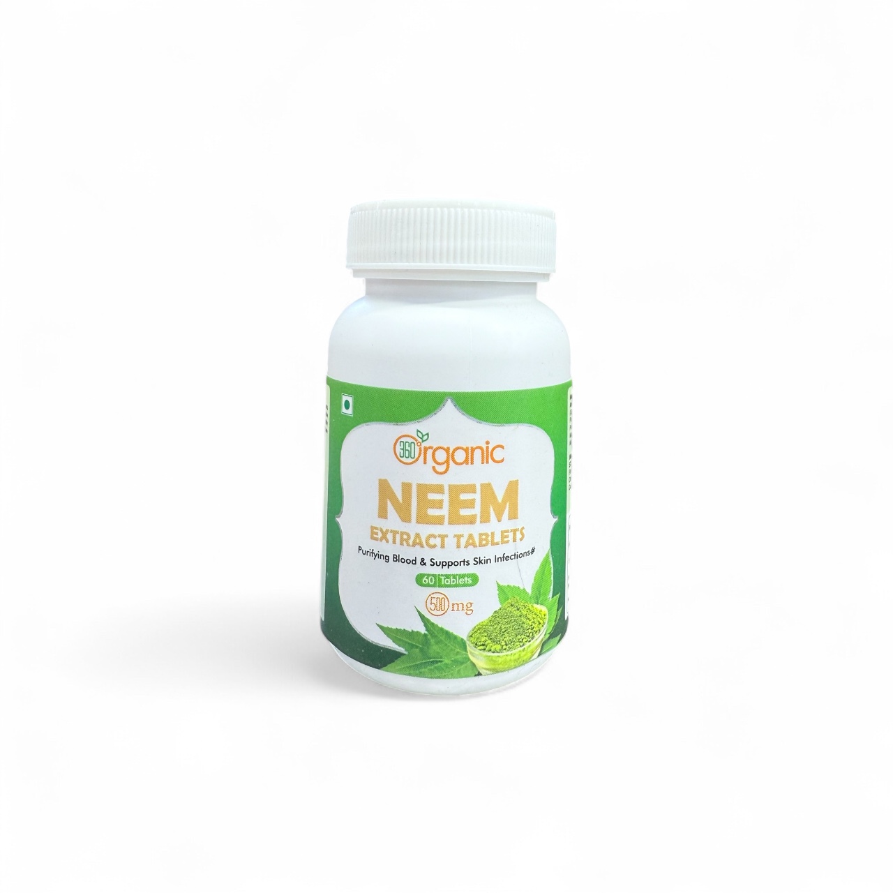 Organic Neem Extract Tablets 500mg – 60 Tablets bottle with green neem leaf design”