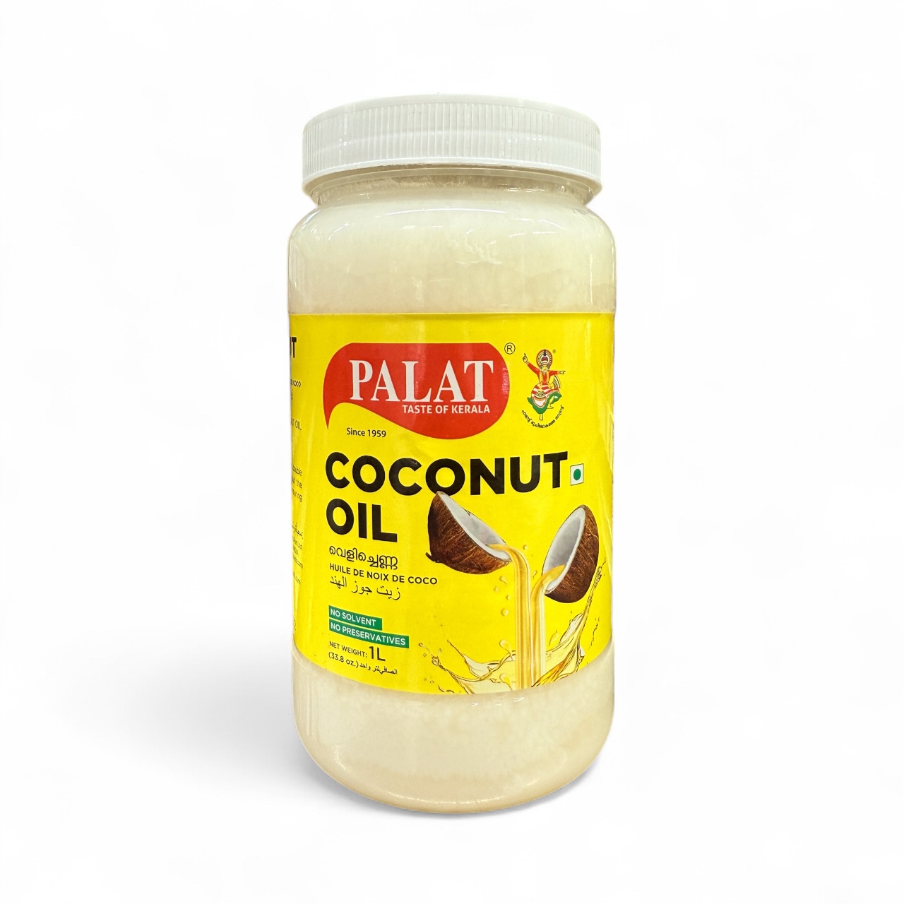A 1-liter plastic jar of Palat Coconut Oil with a white lid, featuring a yellow and red label with an image of a cracked coconut. The label reads "Palat: Taste of Kerala, Coconut Oil."