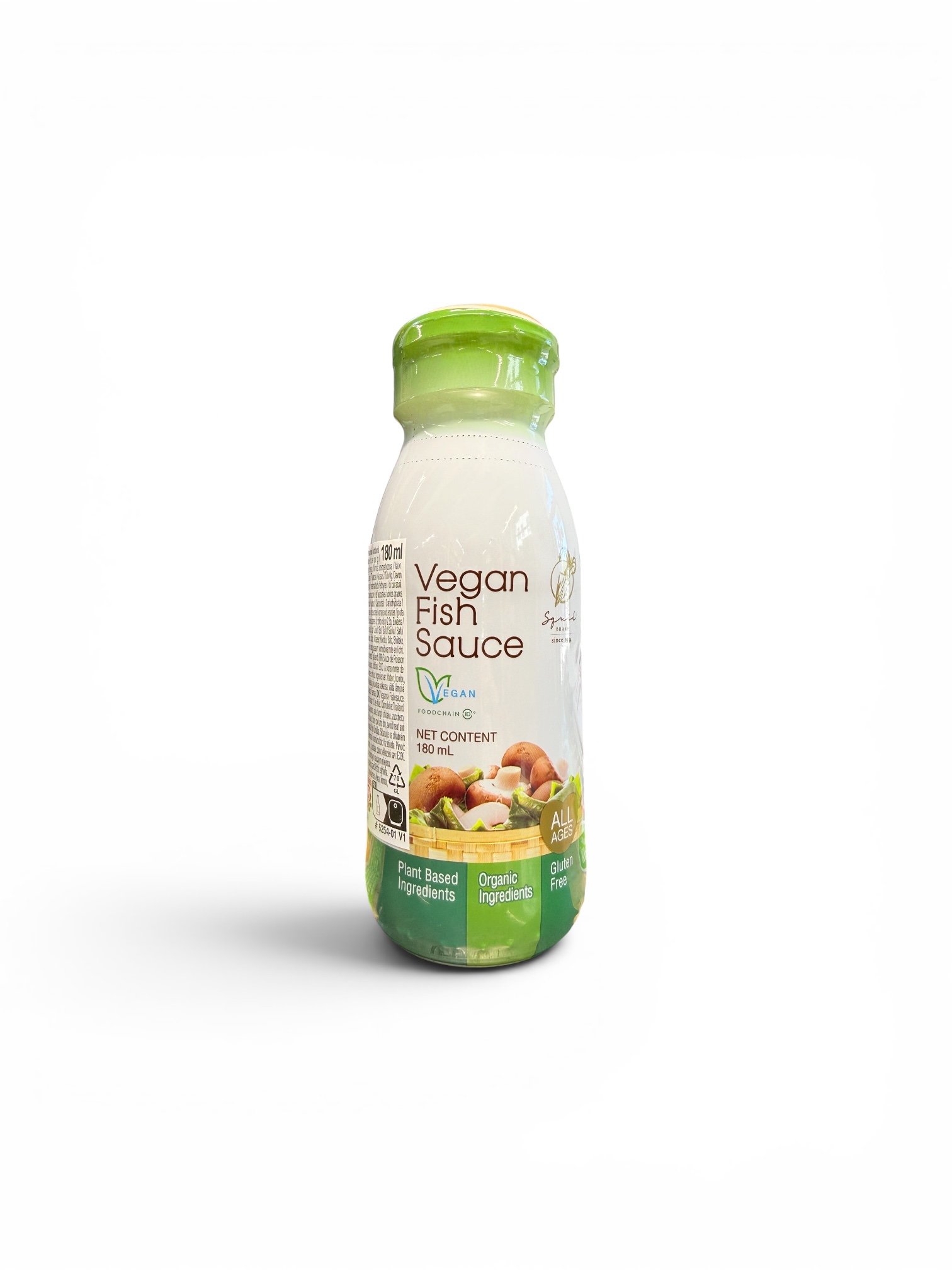 A 180ml glass bottle of Squid Brand Vegan Fish Sauce, featuring a green cap and a white label with images of mushrooms and seaweed, highlighting its plant-based, organic, and gluten-free ingredients."