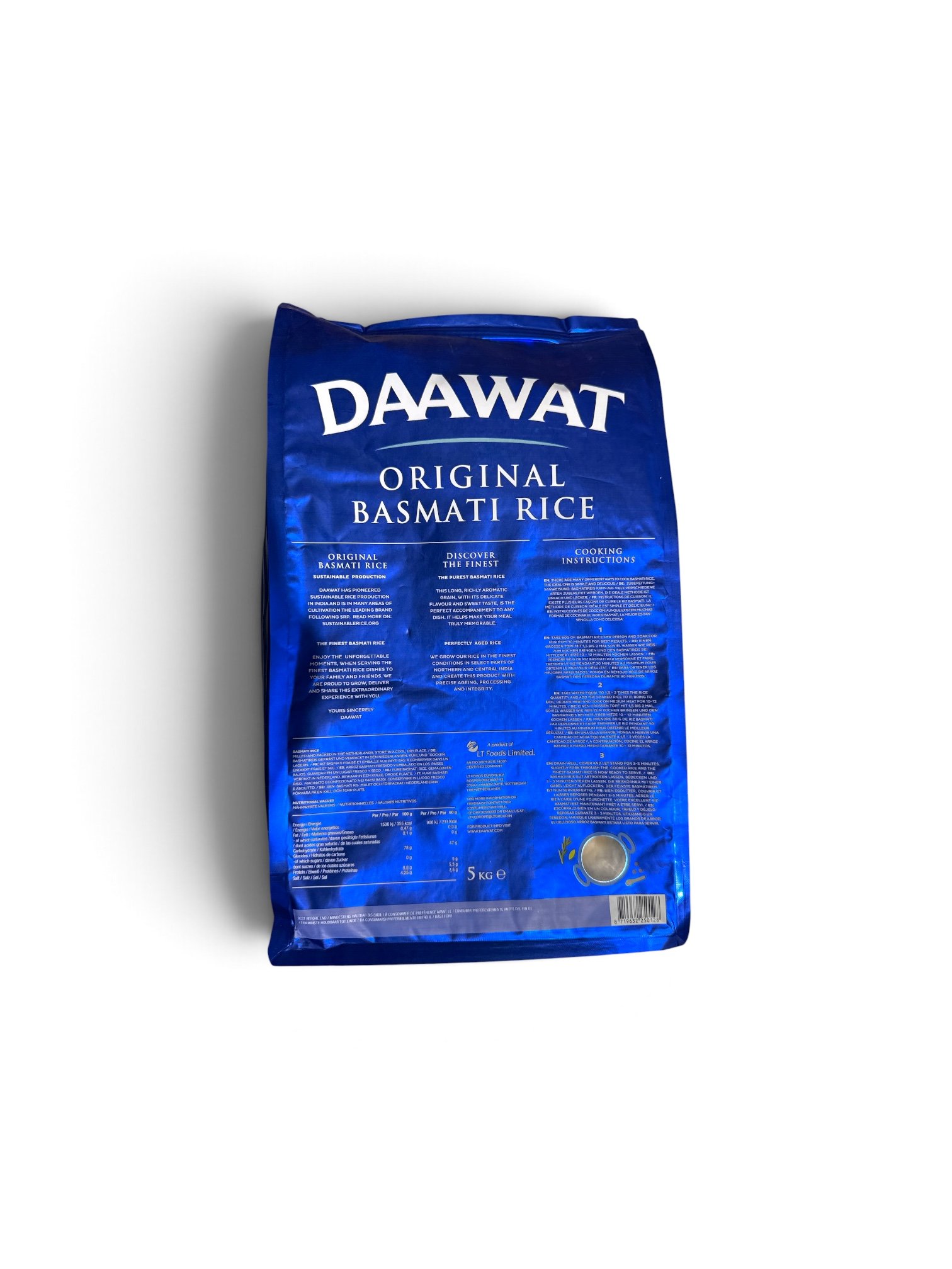 Daawat Original Basmati Rice 5kg blue bag, premium long grain aromatic rice on SpiceMart.