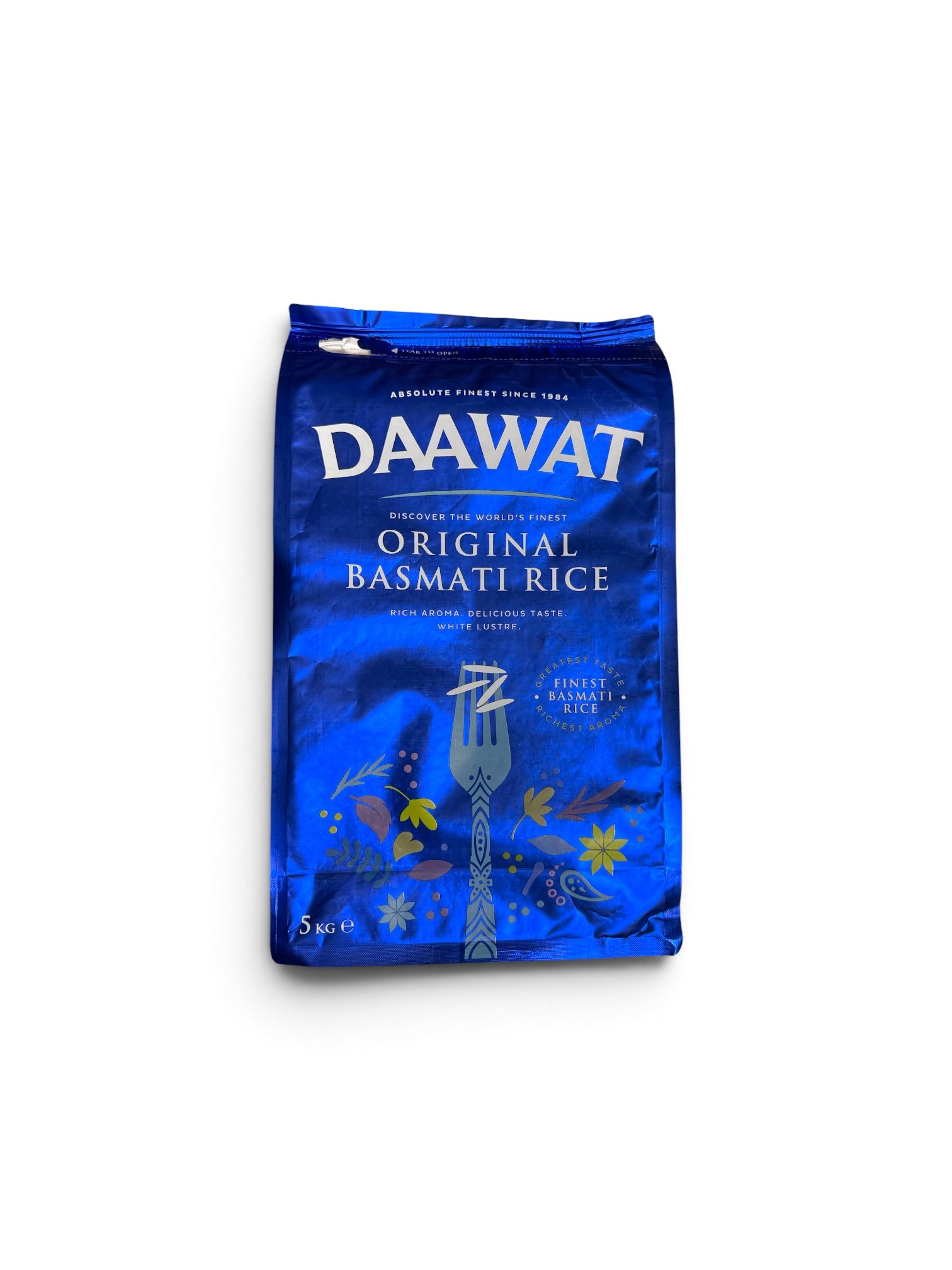 Daawat Original Basmati Rice 5kg blue bag, premium long grain aromatic rice on SpiceMart.